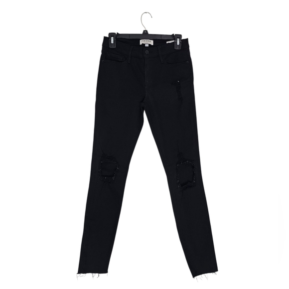 FRAME Denim High Rise De Skinny Jeanne Crop Black Distressed Jeans 28 Preowned - Picture 1 of 9